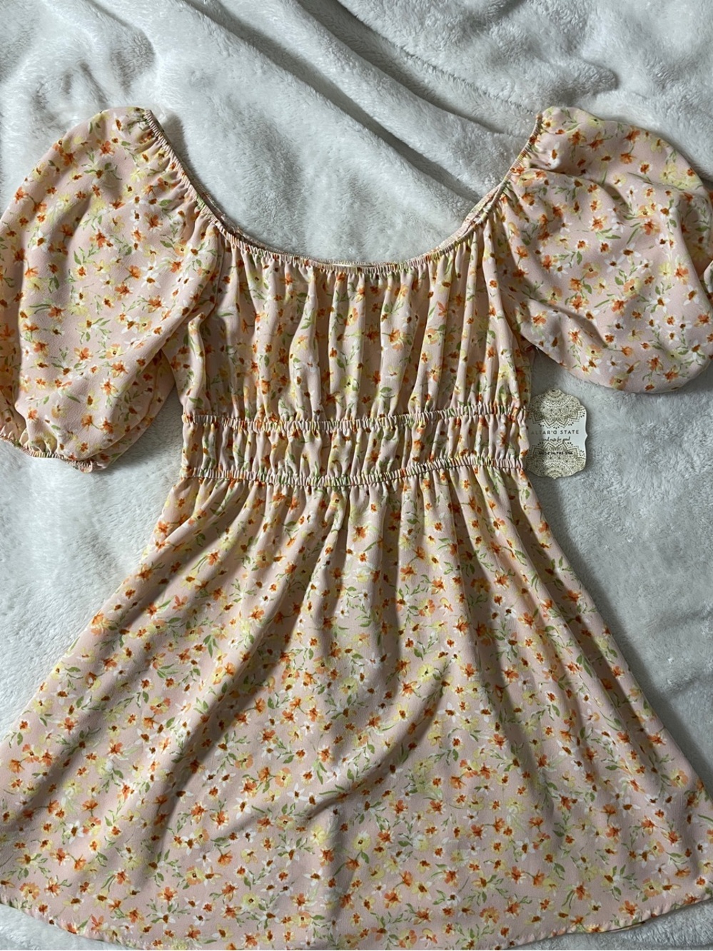 Altar'd State Peach Floral Puff-Sleeve Mini Dress